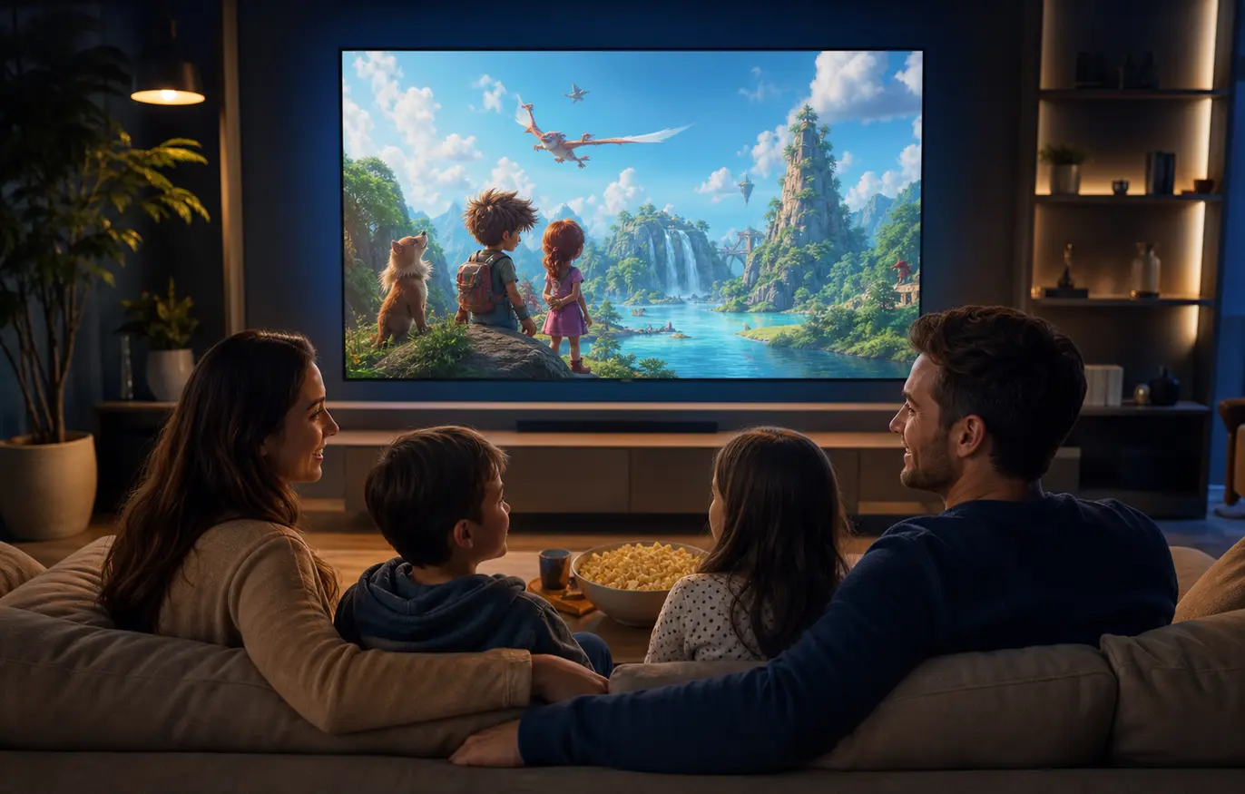Family enjoying a movie together