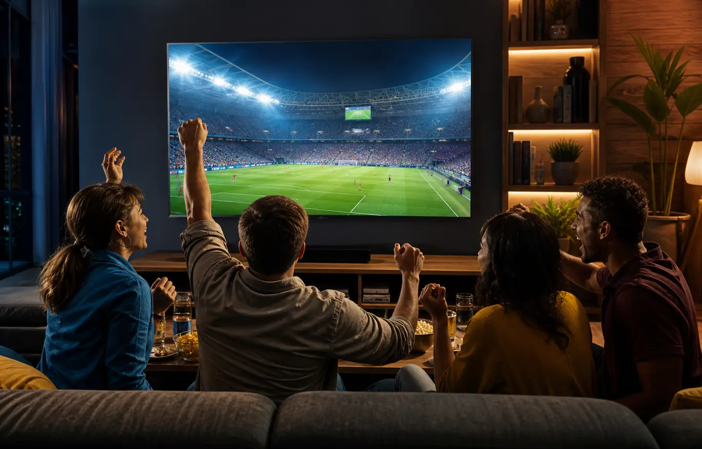 Friends watching live international football