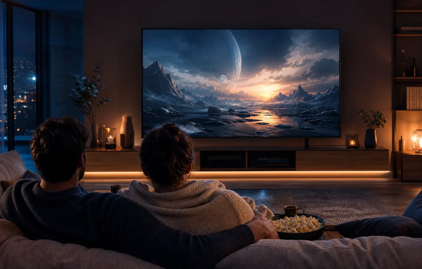 Couple enjoying a cinematic series night